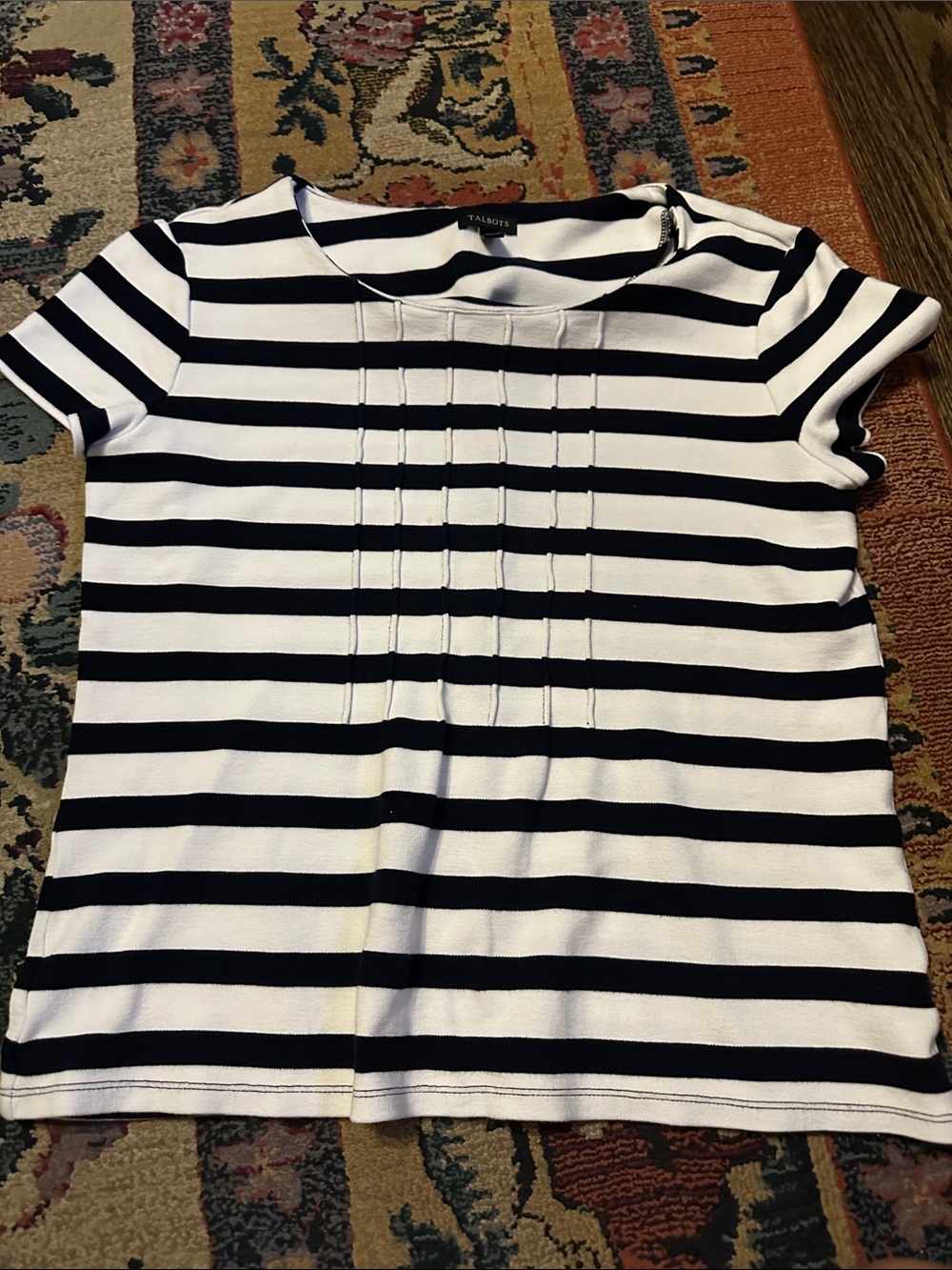 Talbots Navy & White Striped Short Sleeve Tee with Front Pintucks